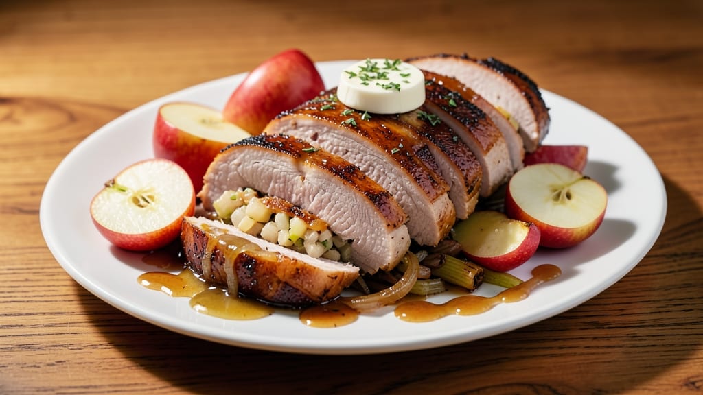Apple Stuffed Boneless Pork Loin Roast Recipe: Celery Crown Crunch Over Apple-Sweet Filling