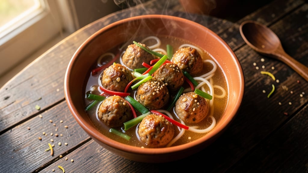Asian Pork Meatball Soup Recipe: Wok-Seared Crispiness in Silky Broth