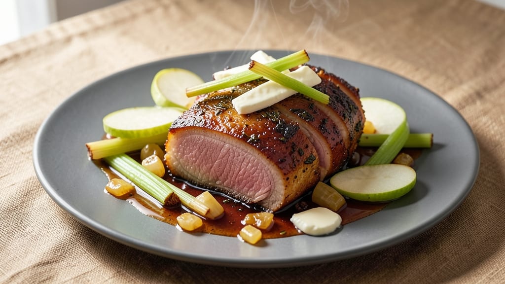 Apple Bourbon Pork Loin Recipe: Spiced Apple Fond and Crispy Celery Crowns