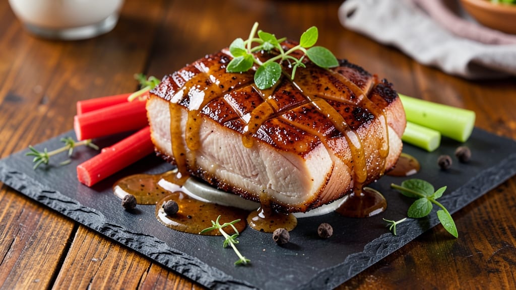 Apple Cider Pork Belly Recipe: Crispy Celery Crowns Over Sweet-Spiced Gravy