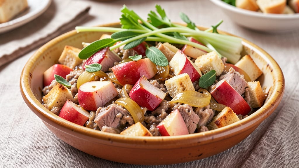 Apple and Pork Stuffing Recipe: Celery Crown Crunch Over Savory Meat Harmony