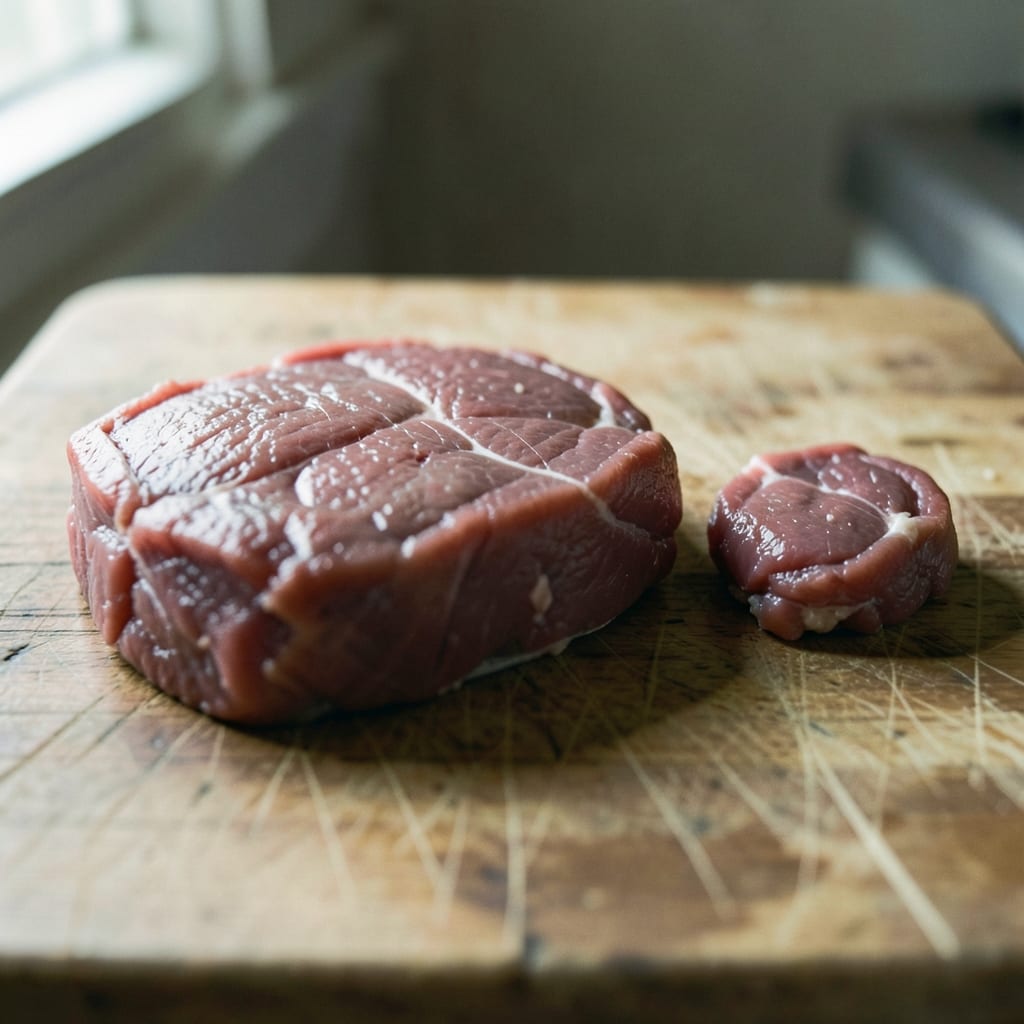 Three chops of different thickness, ready to be tested