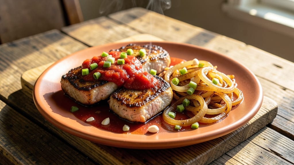 Amish Pork Chops Recipe: Celery Crown Crunch Over Smoky Tomato Gravy