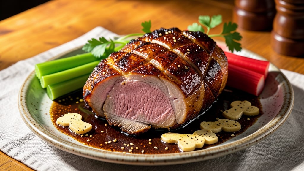 Chinese Oven Pork Roast Recipe: Celery Crown Crunch Over Smoky Five-Spice Gravy