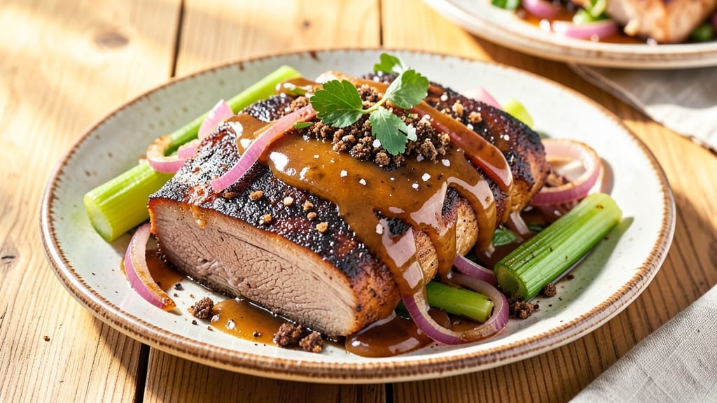 Mississippi Pork Loin Crock Pot Recipe: Celery Crown Crunch Over Creamy Onion Gravy
